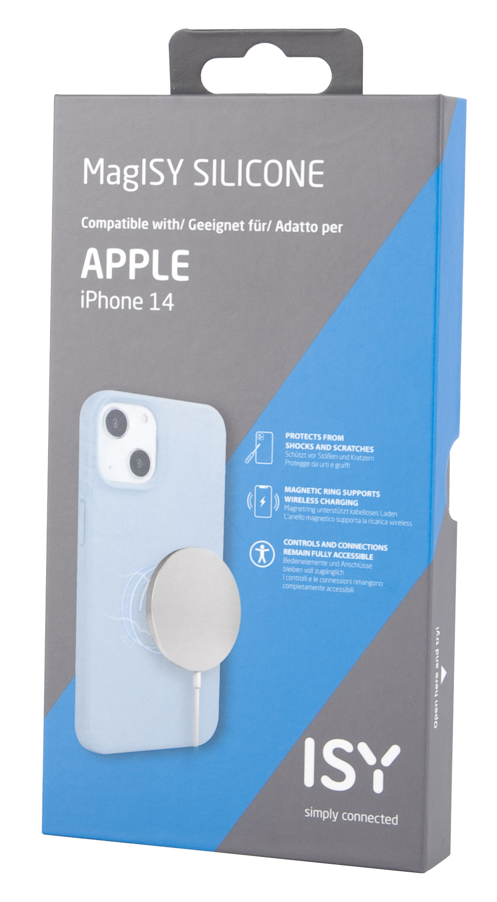 iPhone 14-Hülle-Box. Hellblaue Hülle und silberner Magnetkreis. Text und Grafiken auf der Box.