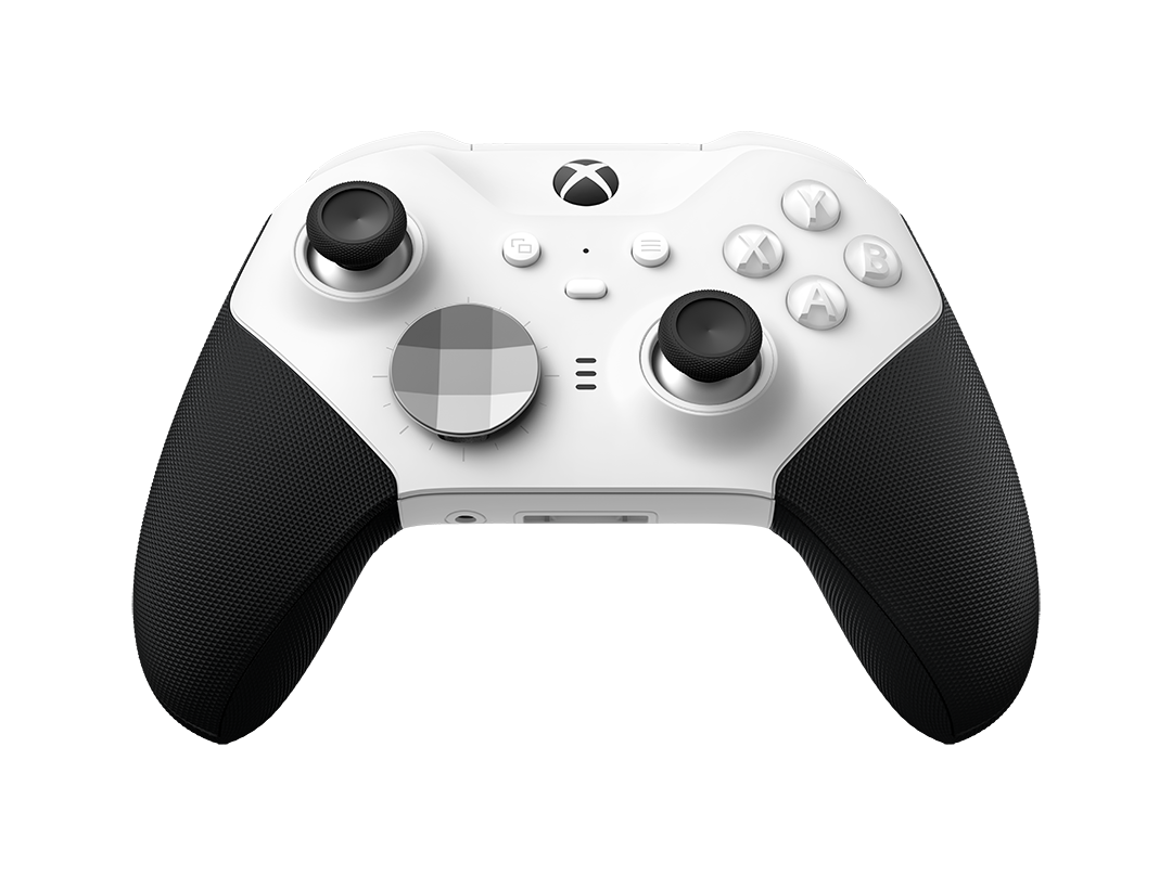 White Xbox Elite Series 2 controller, with black grips and buttons, angled on a white background.