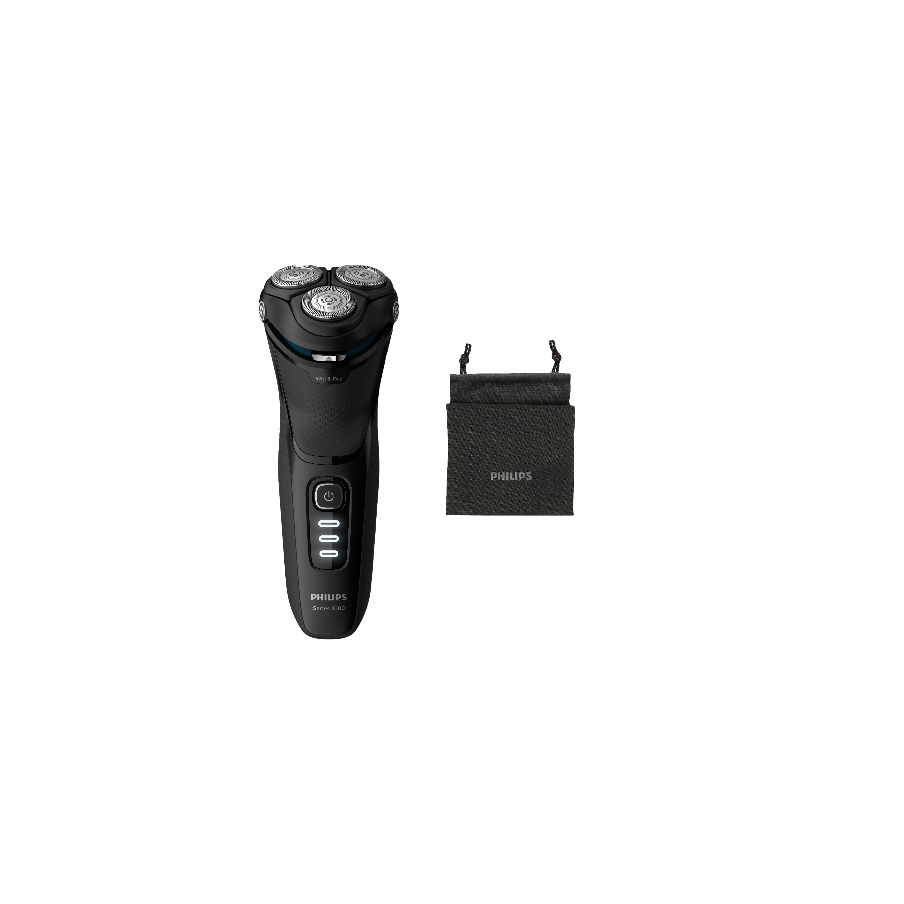 Afeitadora Philips Series 3000 negra. Tres cabezales giratorios, botón de encendido/apagado. Bolsa negra.