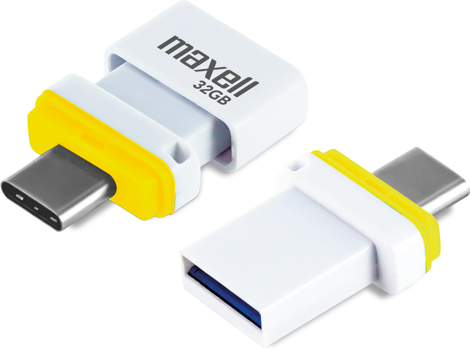 USB-C - USB-A adapter, fehér és sárga, két nézet.