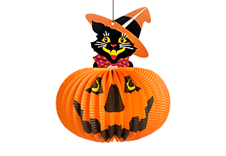 FAMILY HALLOWEEN Halloween-i tökös lampion, macskával, akasztható, 26 cm (58137A)