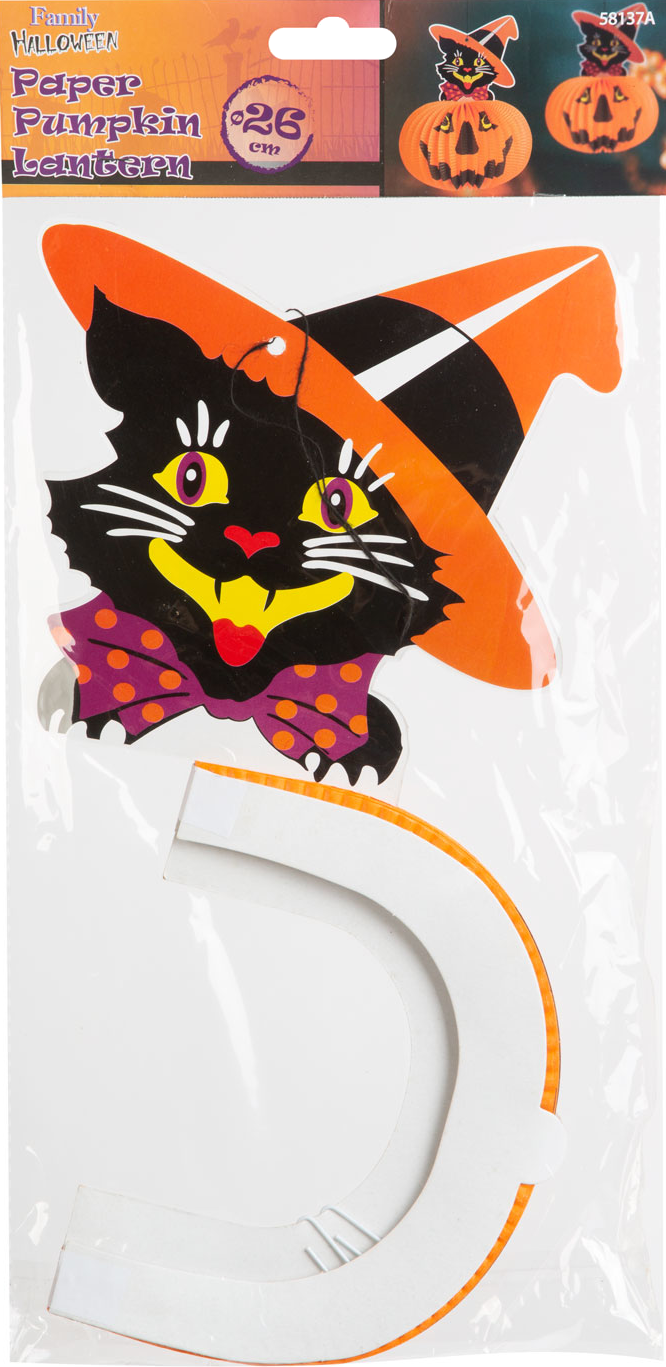 Halloween-i papírmacska-lámpás, boszorkánykalappal és tök részlettel.