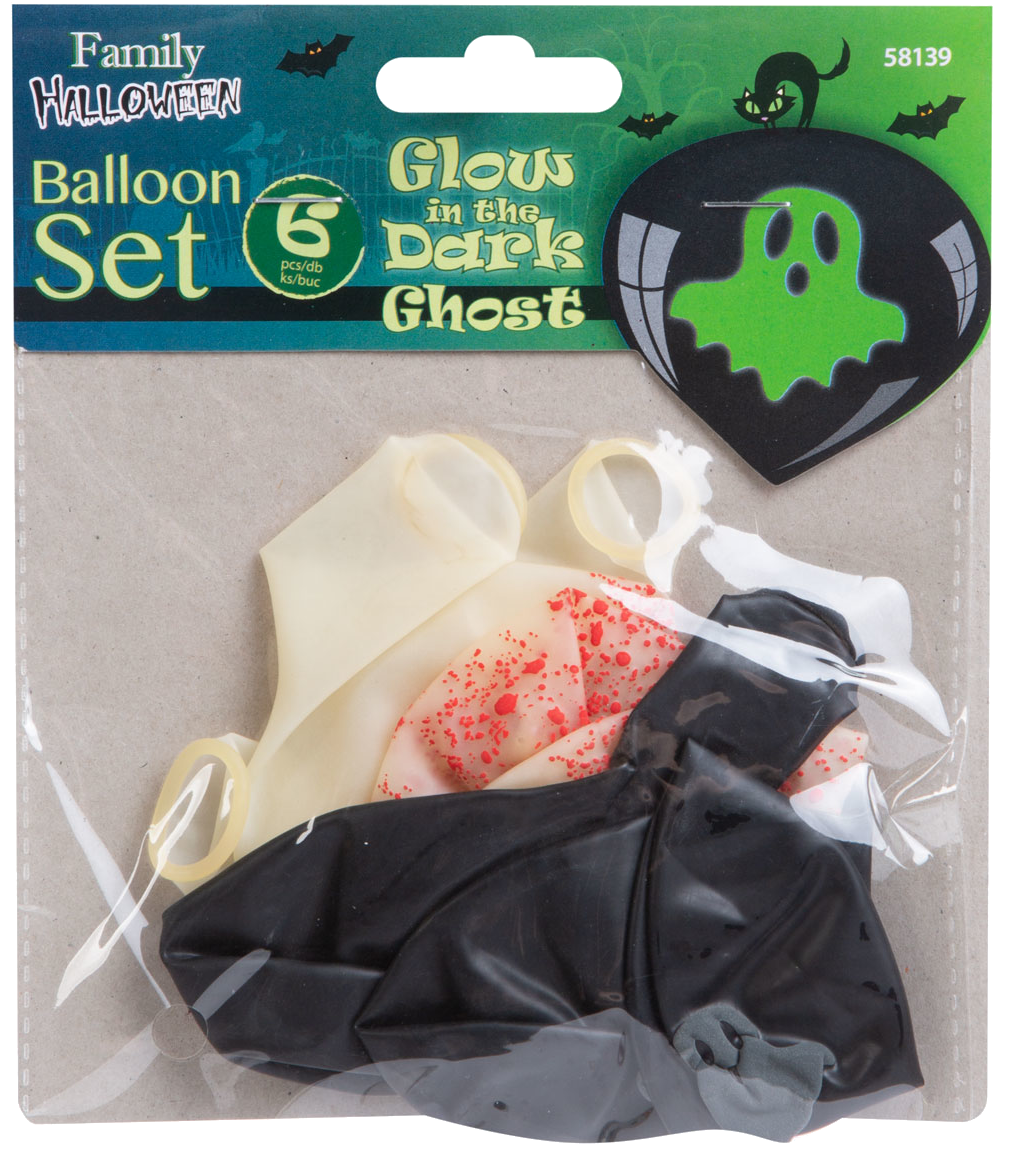 Halloween lufi készlet a csomagolásban. A lufik bézs, piros pöttyös és fekete, szellem kivágással.