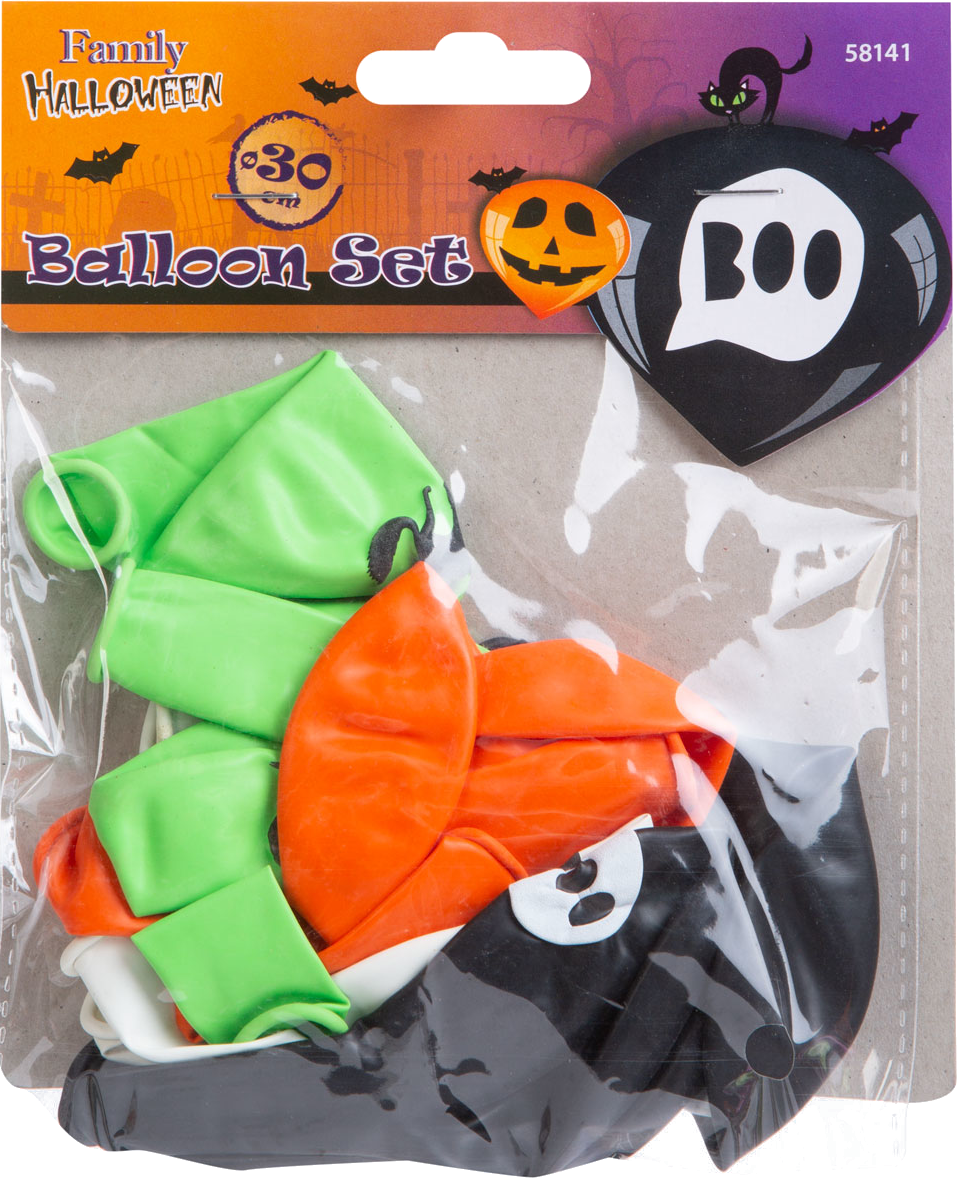 Halloween lufikészlet csomagban. Zöld, narancs, fehér lufik, és egy Boo felirat.