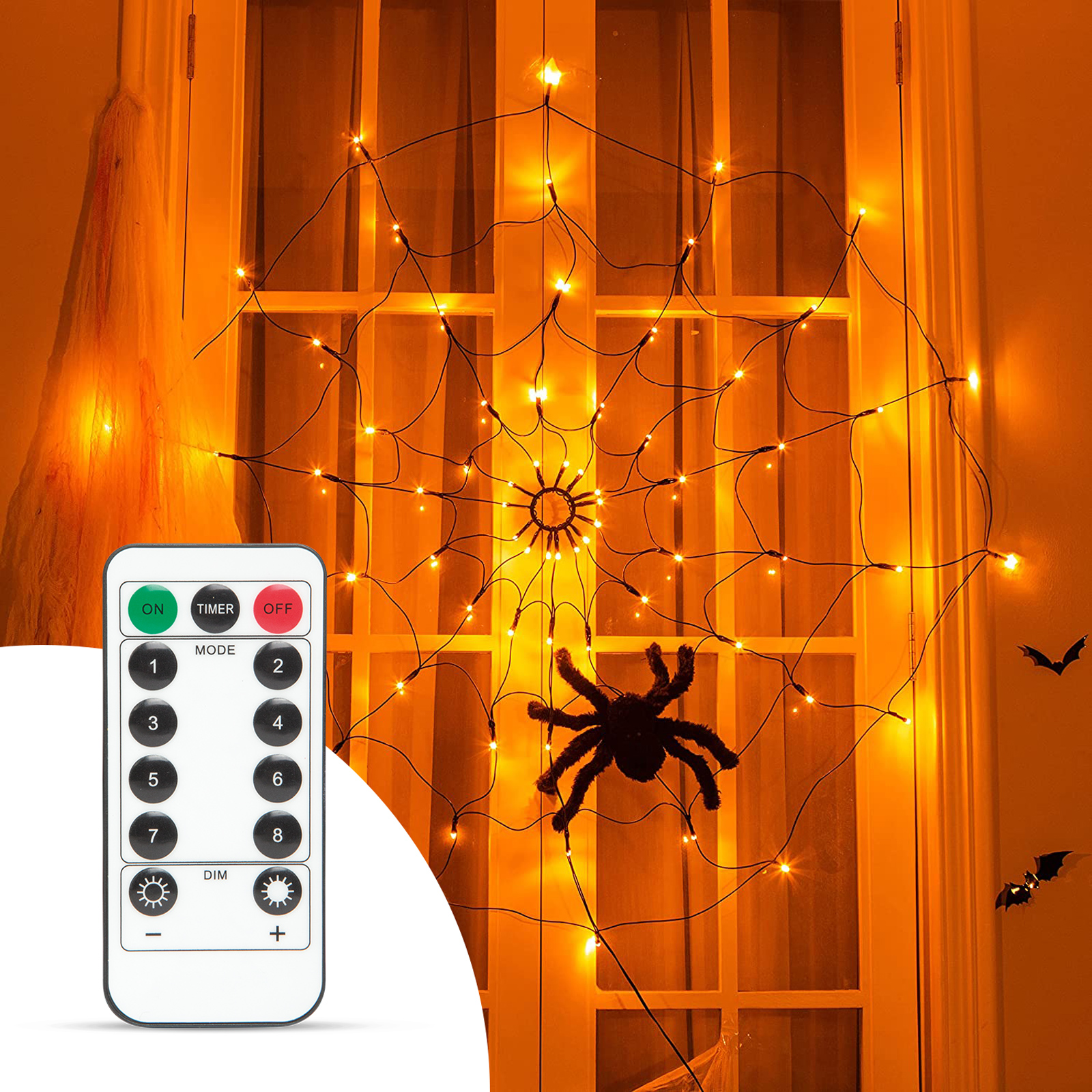 FAMILY HALLOWEEN Pókháló fényfüggöny pókkal, melegfehér, 60 db LED (58150)