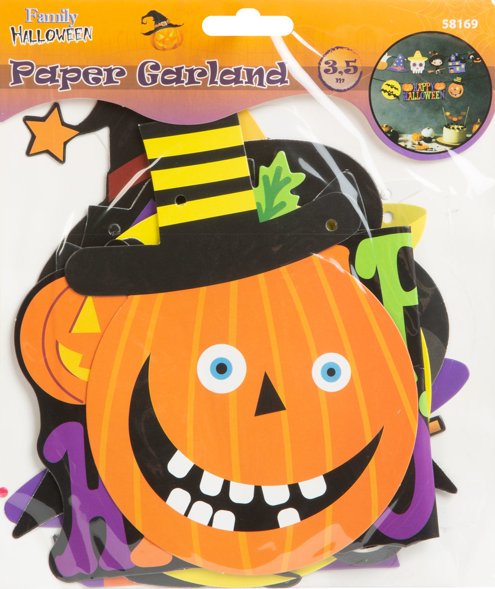 Halloween papírfüzér átlátszó csomagolásban, tök- és boszorkány kalap mintákkal.
