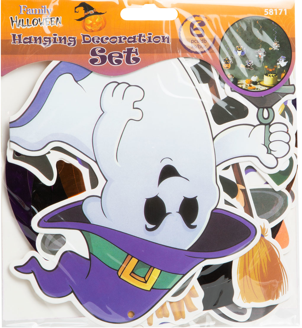 Halloween függő dekorációs készlet. Tartalmaz egy szellemet, egy boszorkányt és más ünnepi kivágásokat egy csomagban.