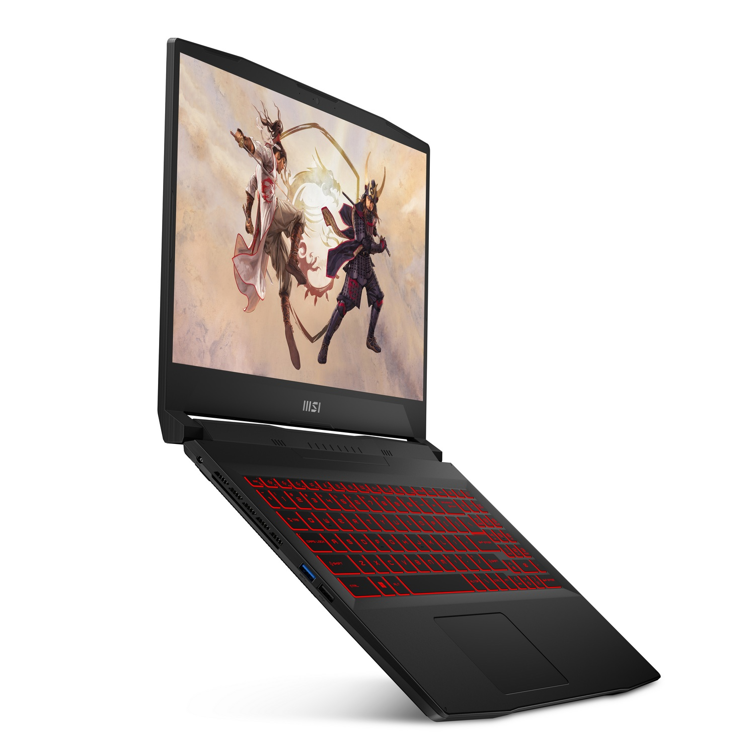 Ordenador portátil negro con teclado rojo y juego de fantasía en pantalla.