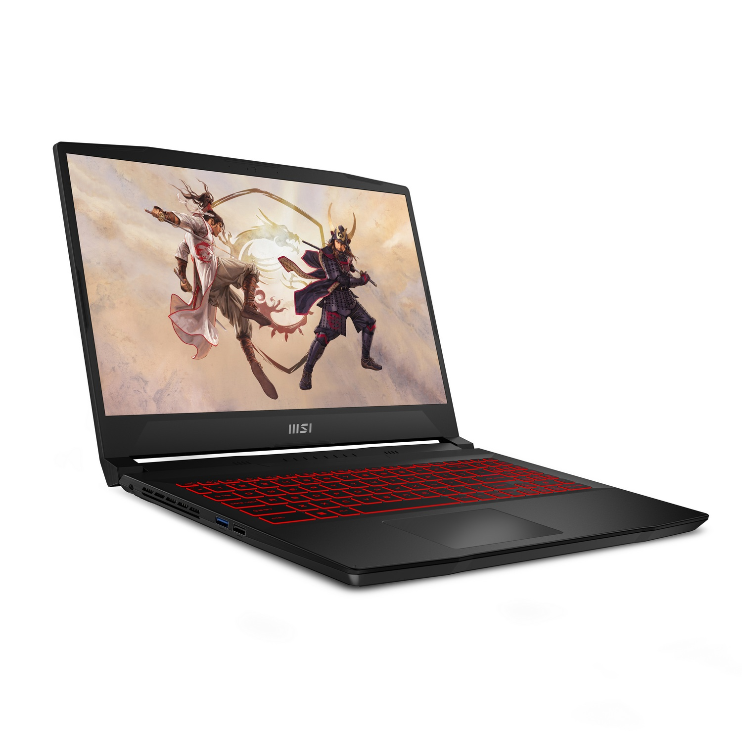 Portátil con cuerpo negro y teclado rojo. La pantalla muestra una imagen de juego de estilo guerrero.
