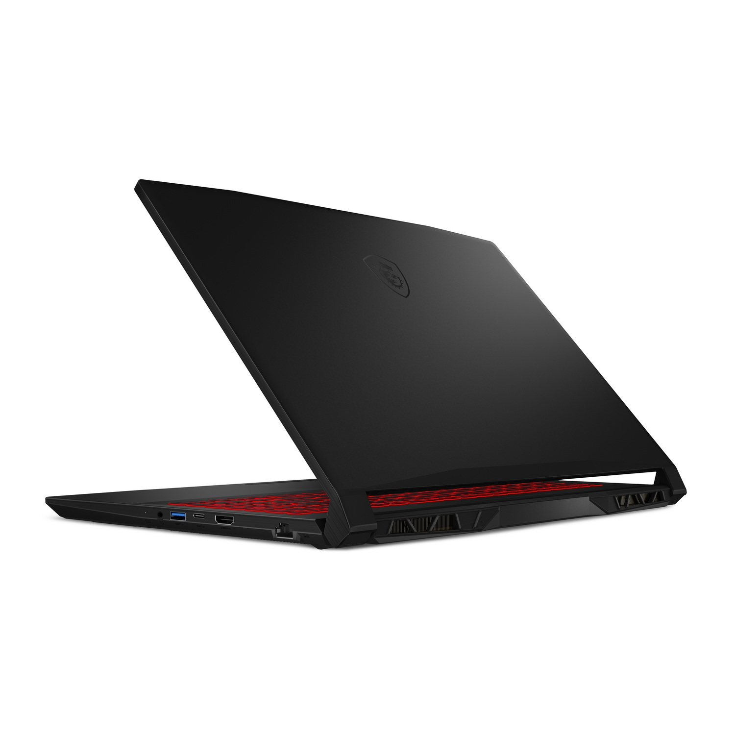 Ordenador portátil negro con teclado rojo, abierto, vista en ángulo, aislado sobre fondo blanco.
