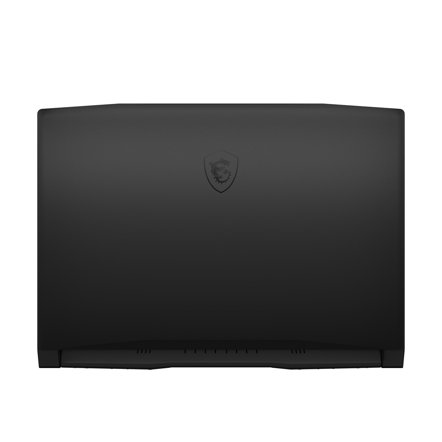 Ordenador portátil negro con un logotipo en la parte superior, cerrado.