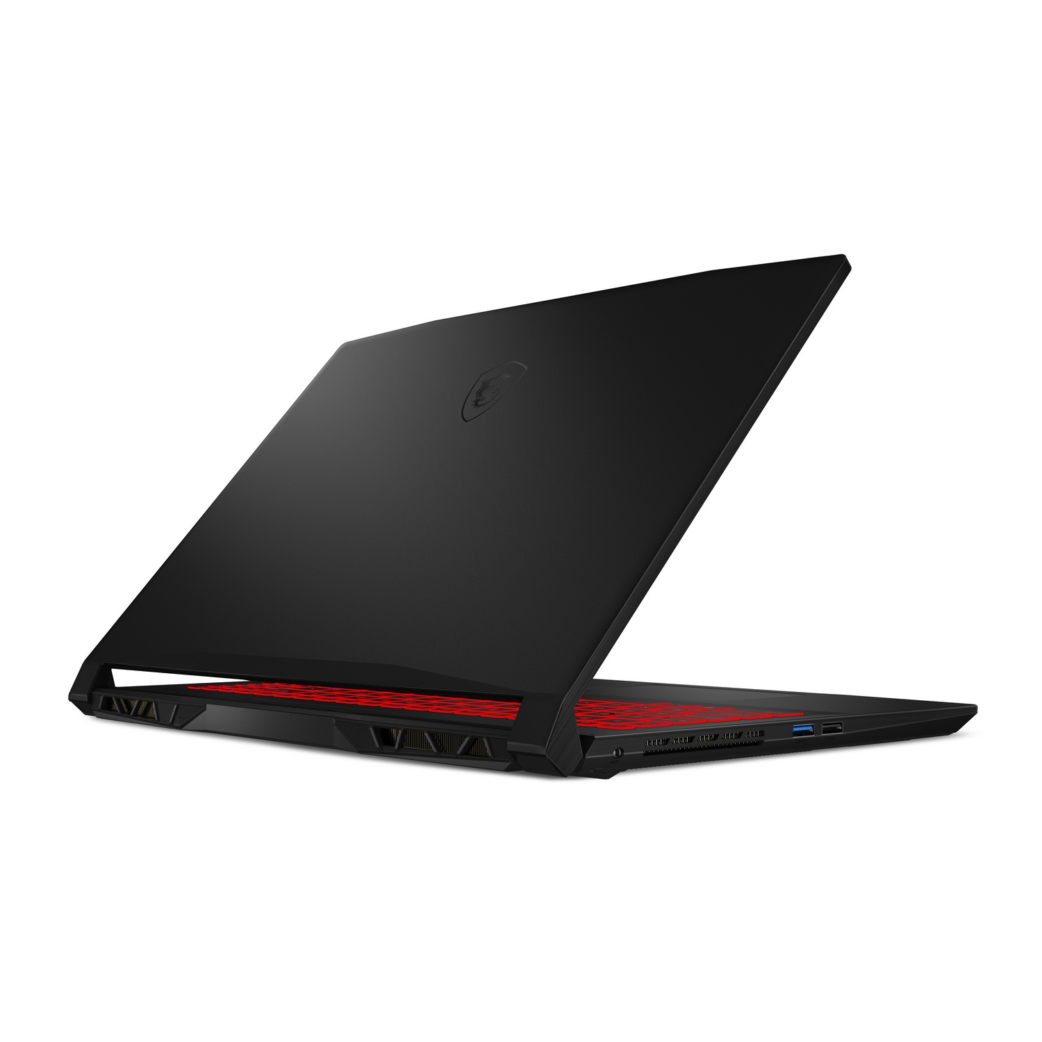 Portátil MSI negro, abierto, mostrando el teclado con detalles rojos y una pantalla parcialmente visible.