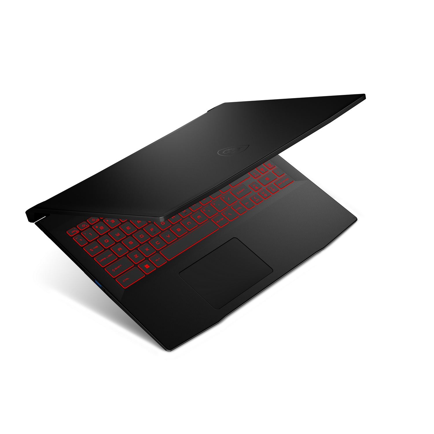 Un portátil negro con teclado retroiluminado en rojo, ligeramente abierto, sobre fondo blanco.