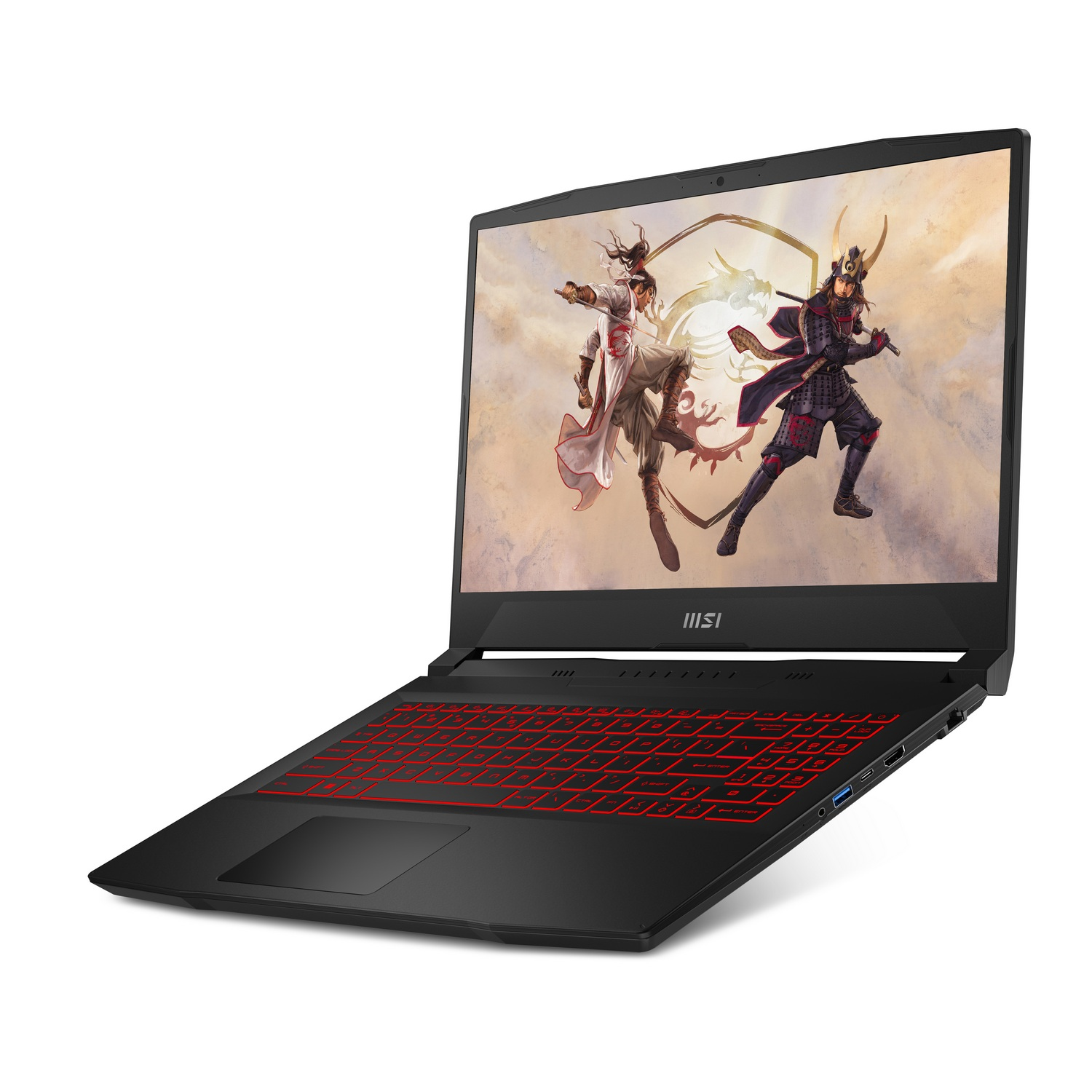 Laptop negro con teclado rojo, mostrando una escena de juego.