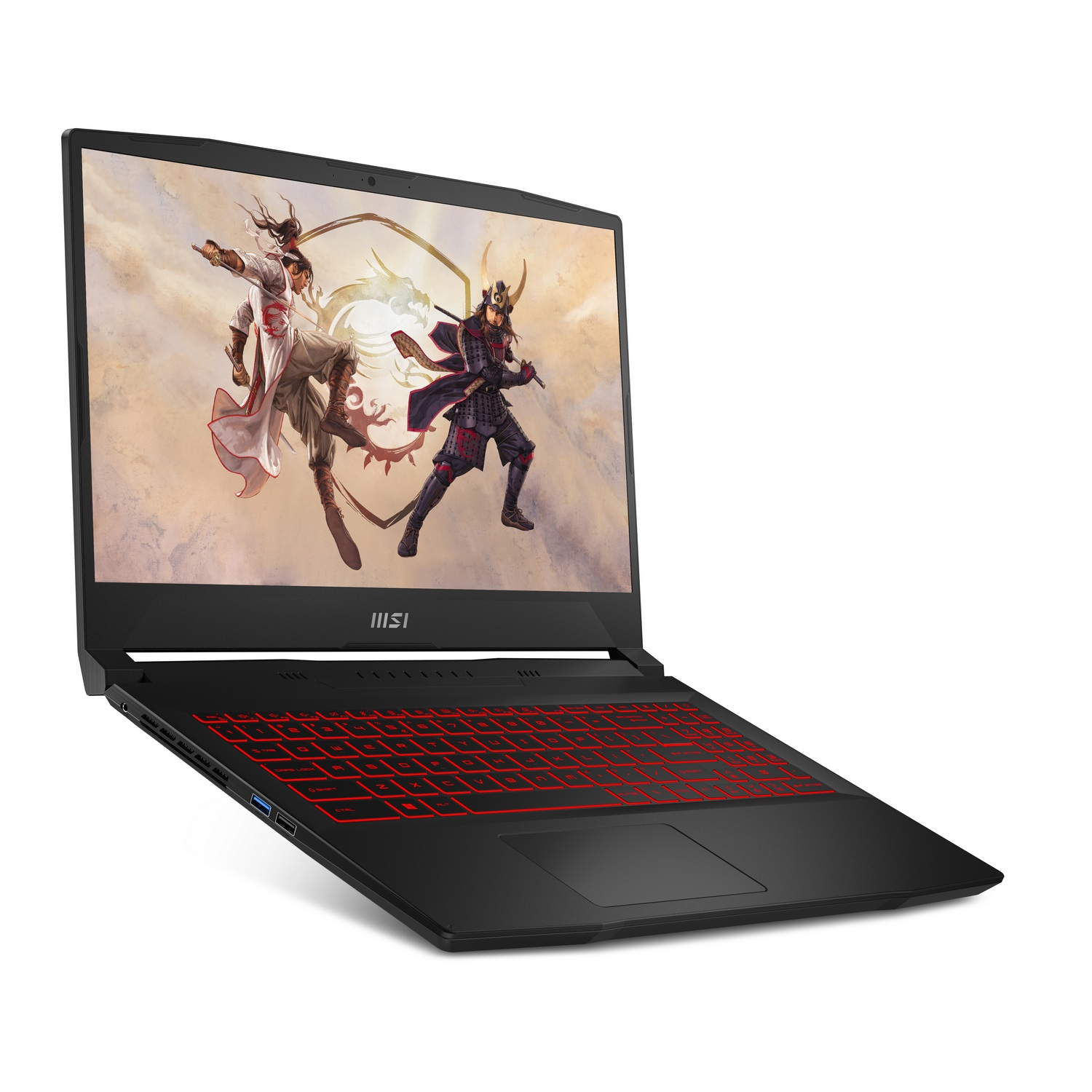 Una computadora portátil negra con un teclado rojo. La pantalla muestra una escena de fantasía con dos guerreros.