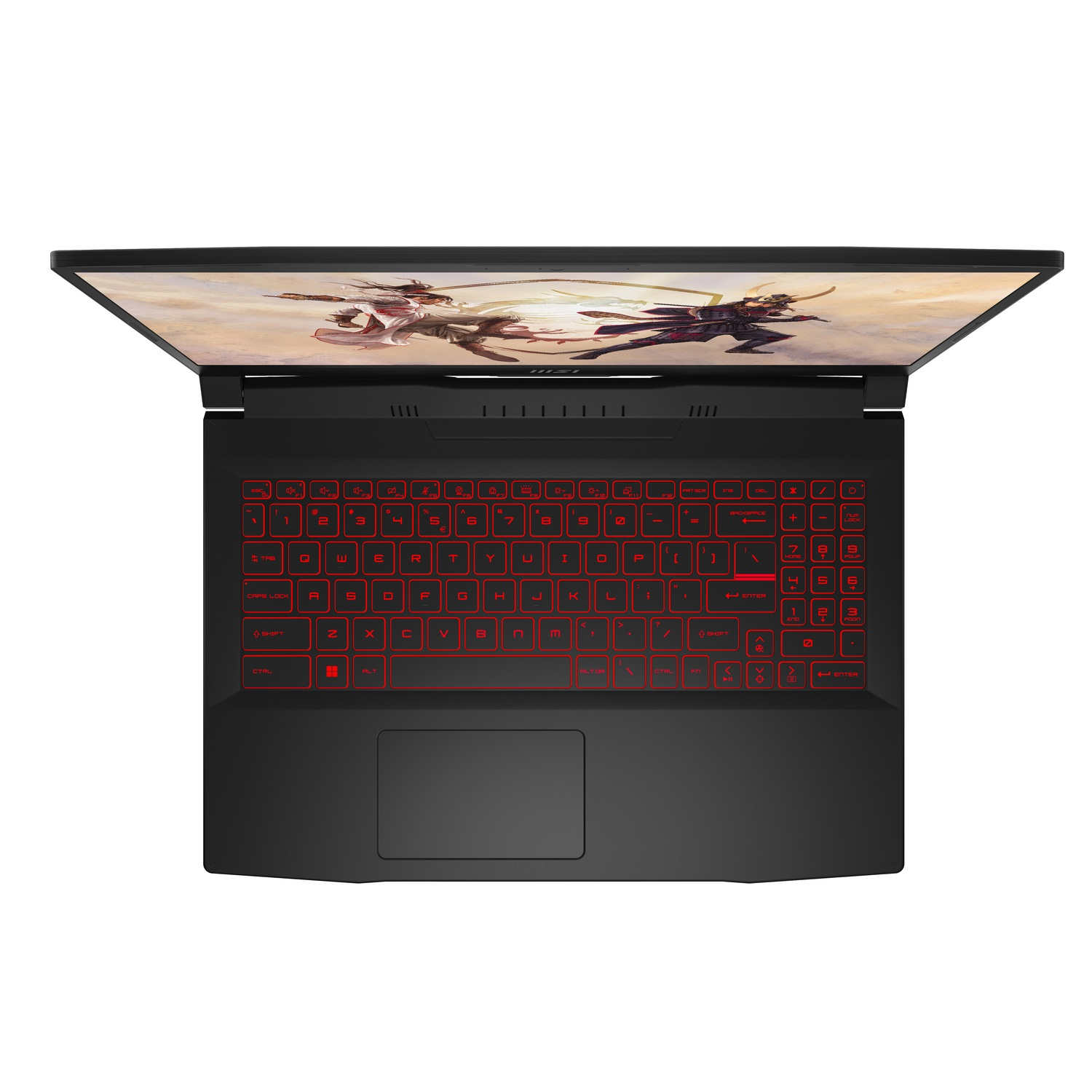 Un portátil negro con teclado iluminado en rojo y una escena de juego en la pantalla.