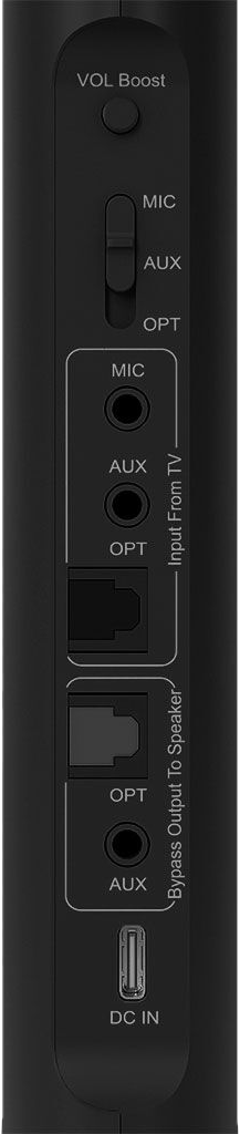 Primo piano degli ingressi e dei controlli dell'altoparlante. Include porte mic, aux e ottiche.
