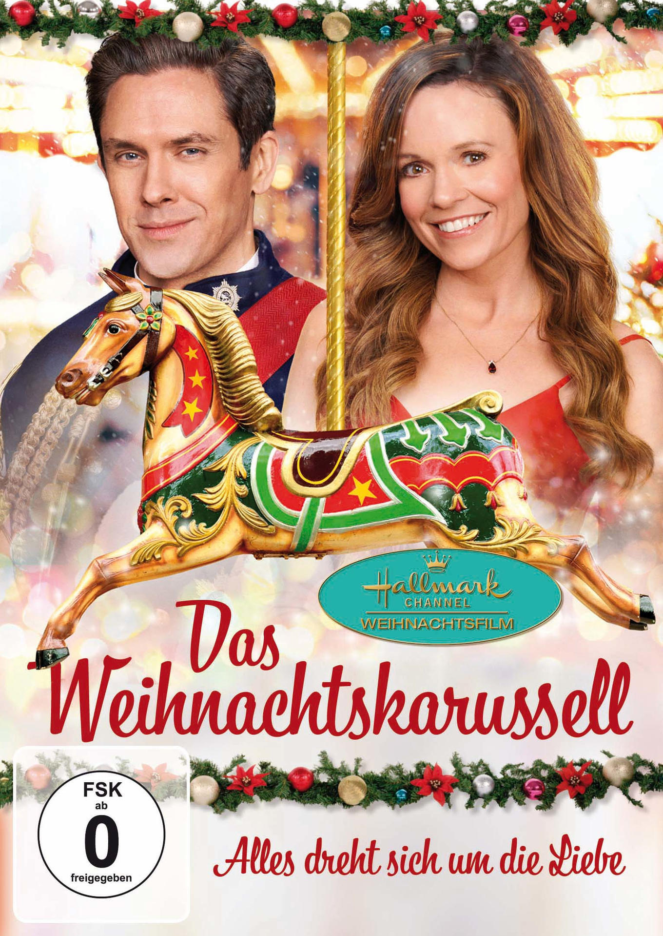 Filmposter 'Das Weihnachtskarussell' mit Paar auf Karussellpferd.