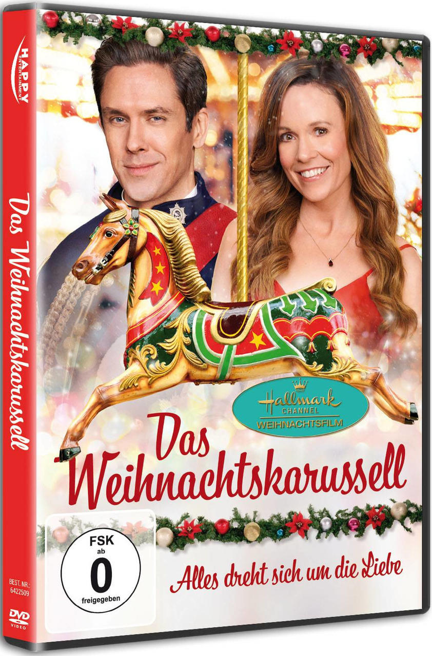 DVD-Cover für einen Weihnachtsfilm mit einem Karussell, einem Mann und einer lächelnden Frau.