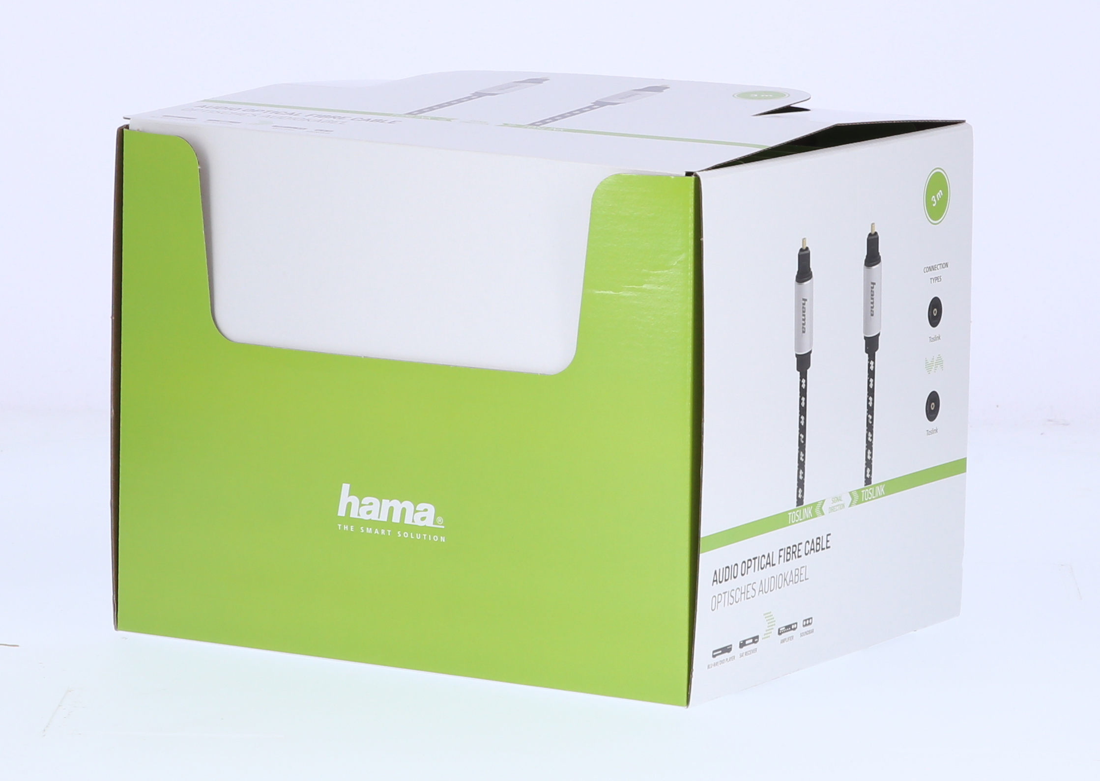 Ürünü ve özelliklerini gösteren beyaz ve yeşil bir Hama ses optik fiber kablo kutusu.