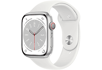 APPLE Watch S8 GPS + Cellular, 45mm ezüst alumíniumtok, fehér sportszíj (MP4J3CM/A)