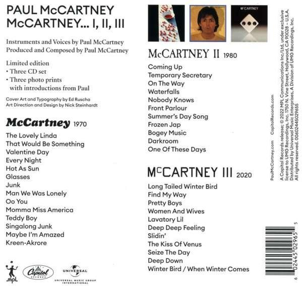 Albumcover und Titelliste von Paul McCartney, einschließlich Albumtiteln und Credits. Text auf weißem Hintergrund.