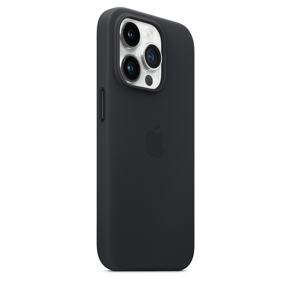 Funda negra para iPhone 14 Pro con el logotipo de Apple sobre fondo blanco.