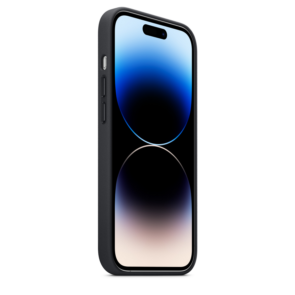 Teléfono negro en funda negra, pantalla encendida, mostrando un degradado azul y blanco.