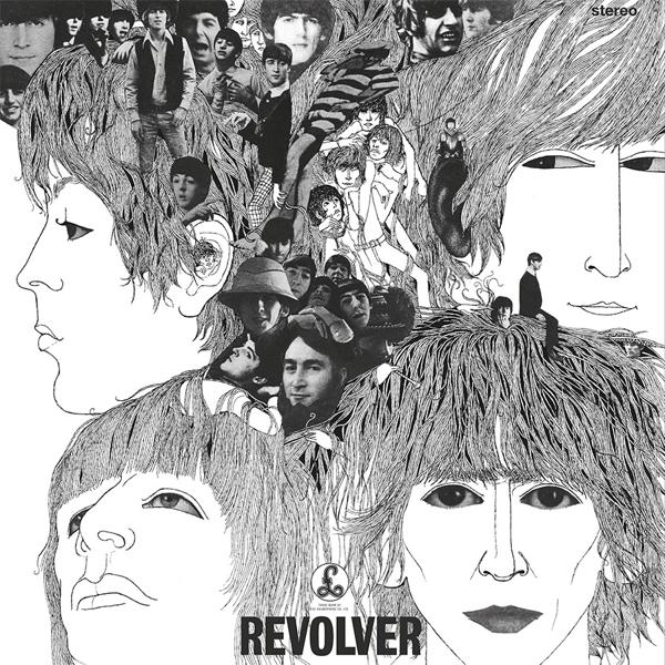 A Beatles Revolver albumának borítója. Fekete-fehér arckollázs.