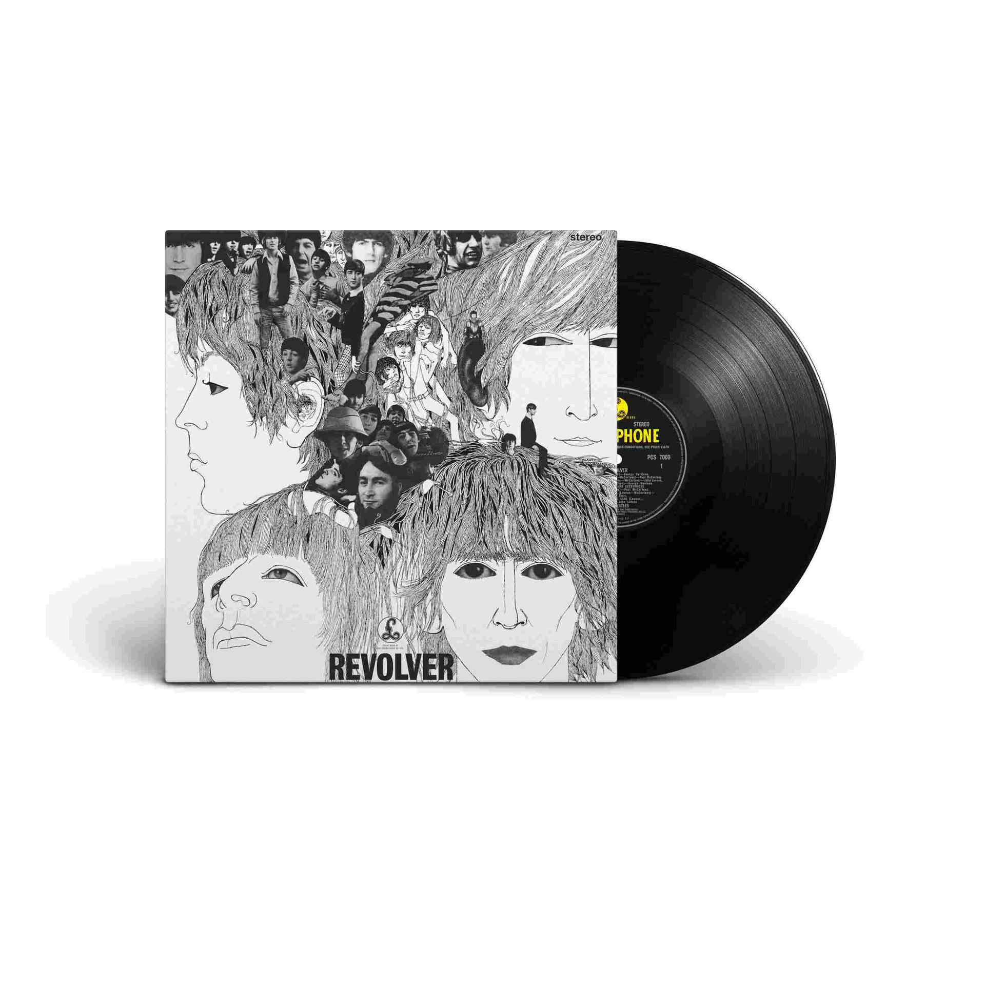 Egy fekete-fehér album borító, több Beatles portréval és a 'REVOLVER' szóval.