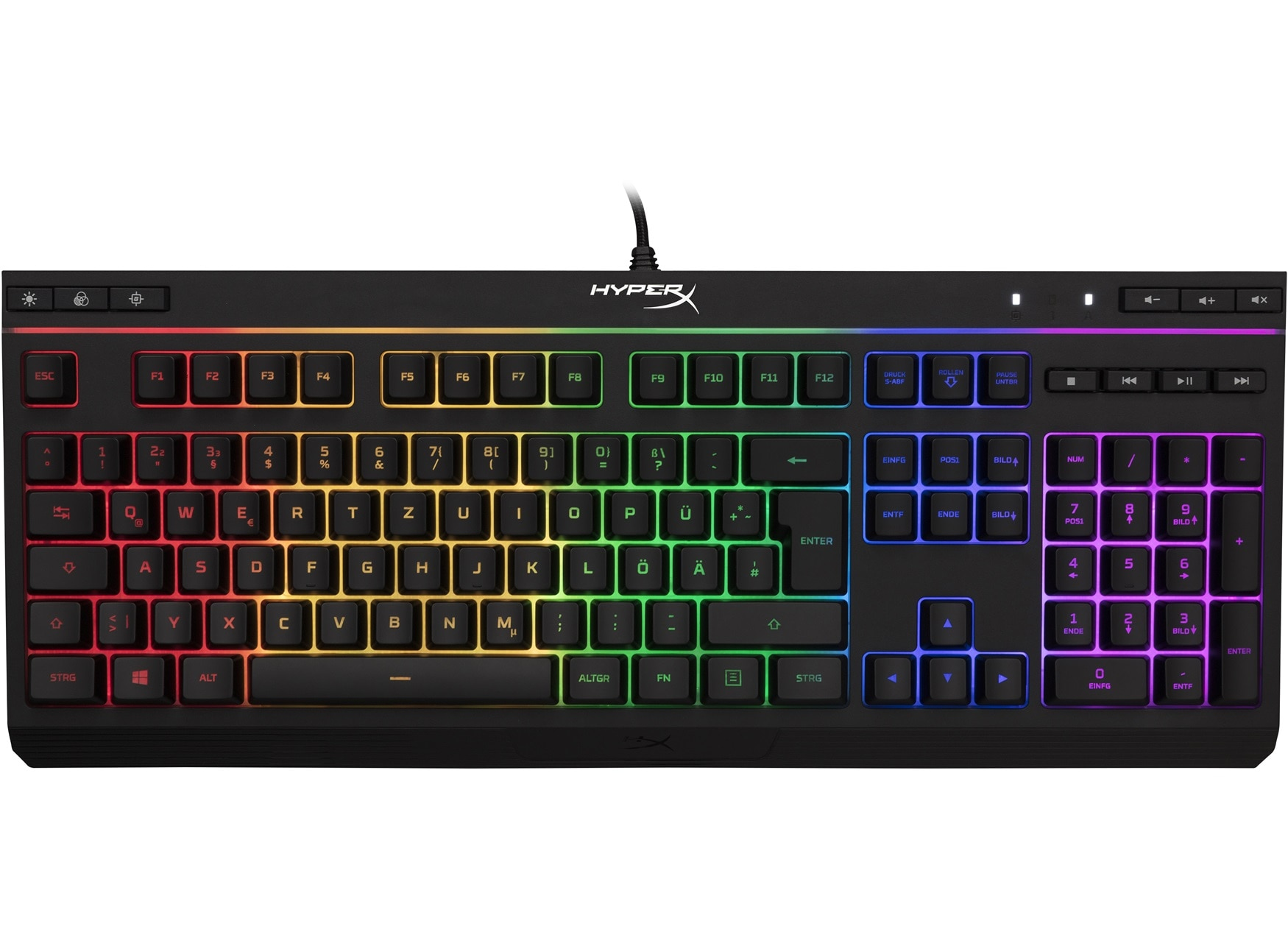 Schwarze Gaming-Tastatur mit regenbogenfarbigen Tasten. Der Markenname 'HyperX' steht oben.