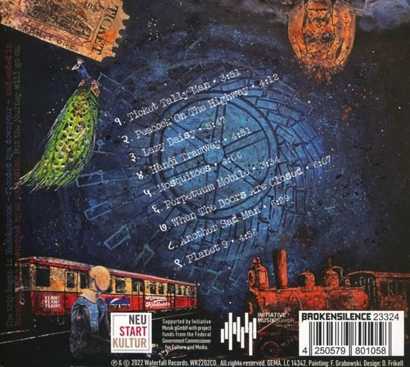 Rückseite einer CD mit Songtiteln und einer Zugillustration in Blau und Rot.