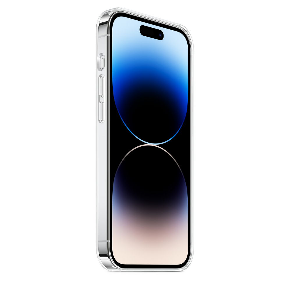 Smartphone con funda transparente, vista lateral, fondo blanco.