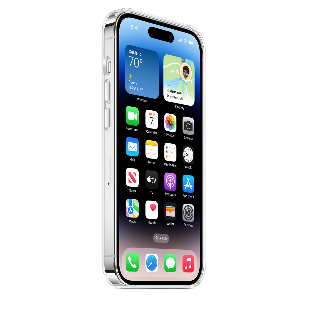 Una funda transparente para teléfono con un iPhone. El iPhone muestra la pantalla de inicio con aplicaciones.