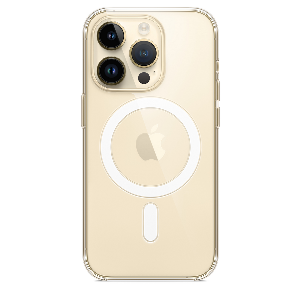 Funda transparente para iPhone con protuberancia de cámara, logotipo de Apple y círculo magnético sobre fondo blanco.
