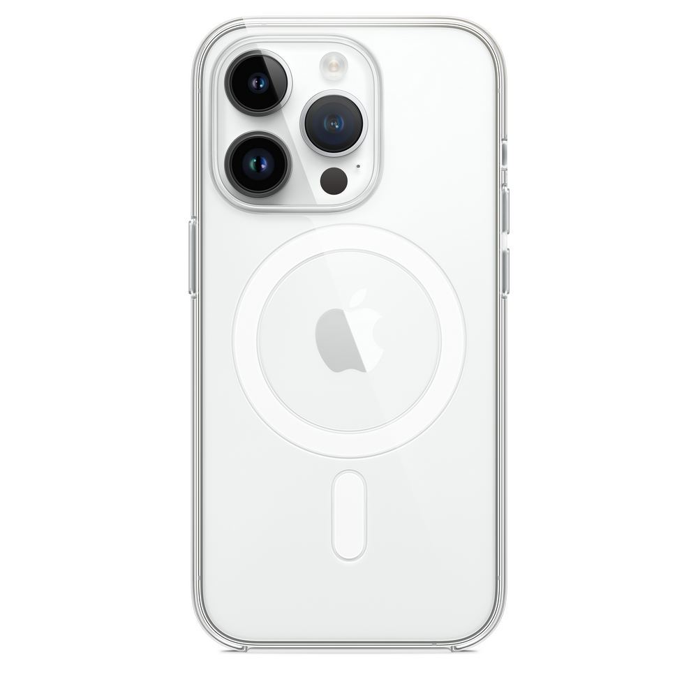 Funda transparente para iPhone con logo Apple, triple cámara y anillo MagSafe blanco.