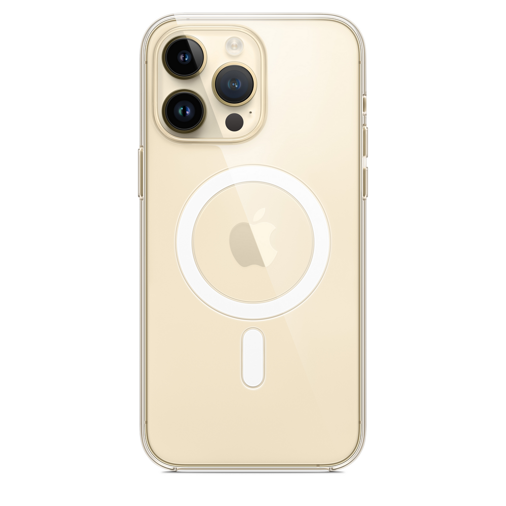 Una funda transparente para teléfono con un círculo MagSafe blanco y un logotipo de Apple en la parte trasera.