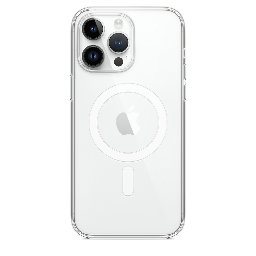 Funda transparente con un logotipo de Apple y tres lentes de cámara.