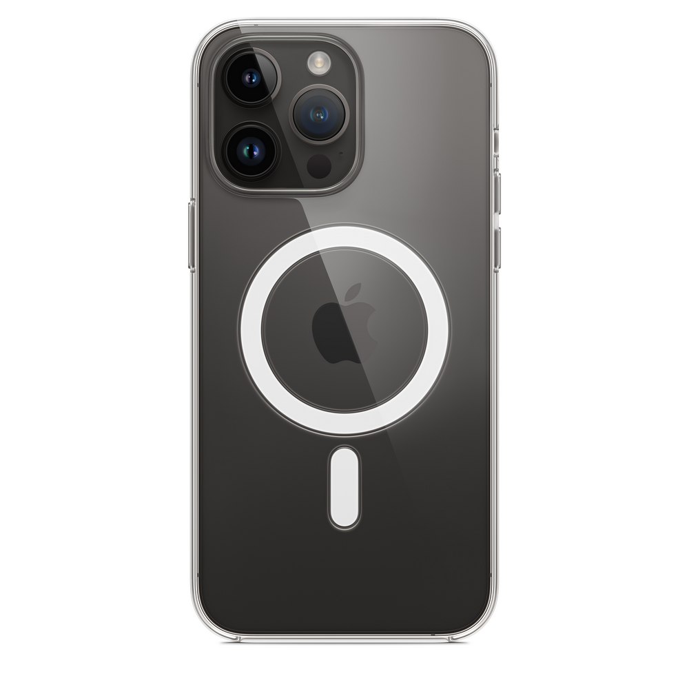 Una funda transparente para iPhone con un círculo blanco y un logotipo de Apple en la parte posterior.