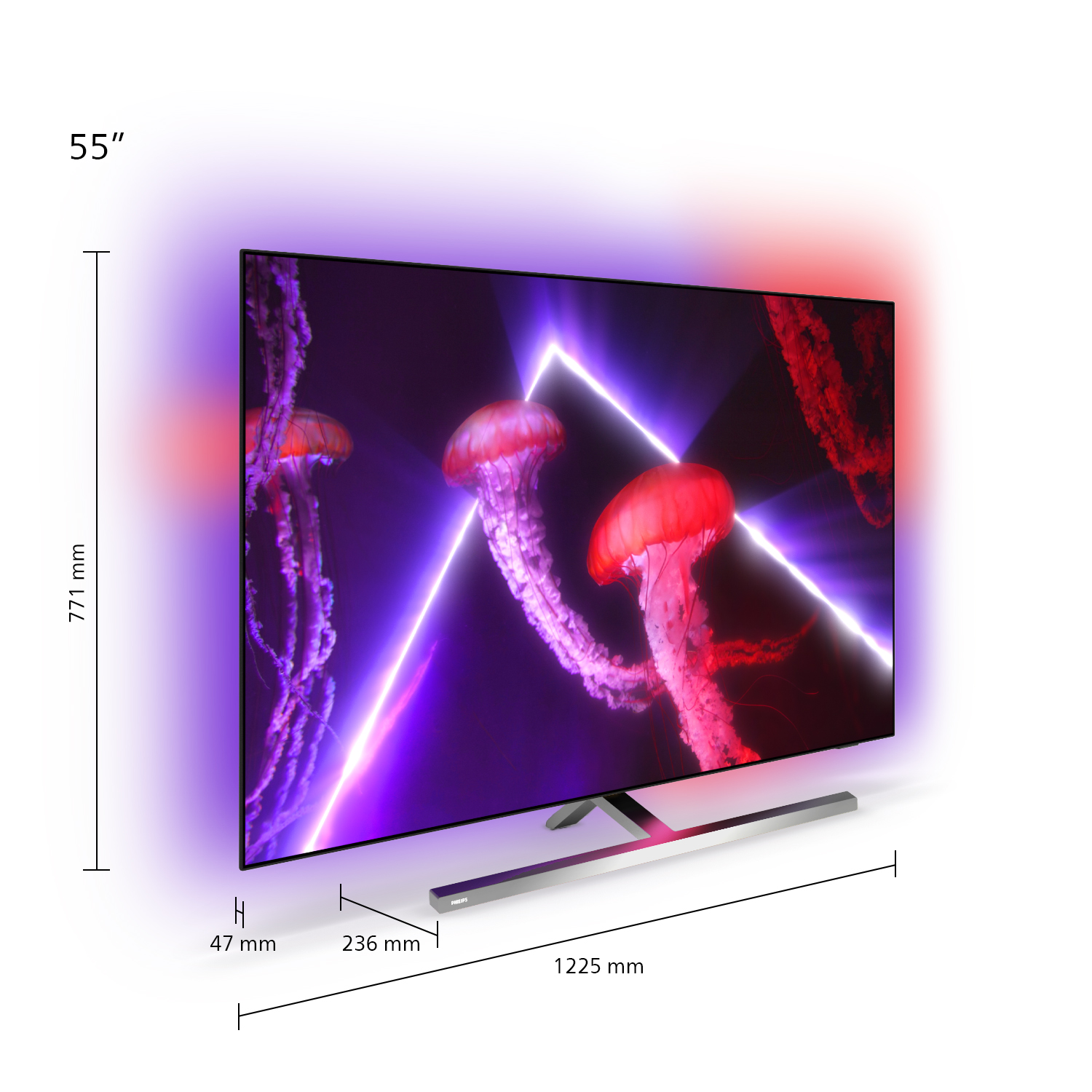 55" bir TV, kırmızı denizanası ve mor ışık ana hatlarıyla bir ekran gösteriyor.