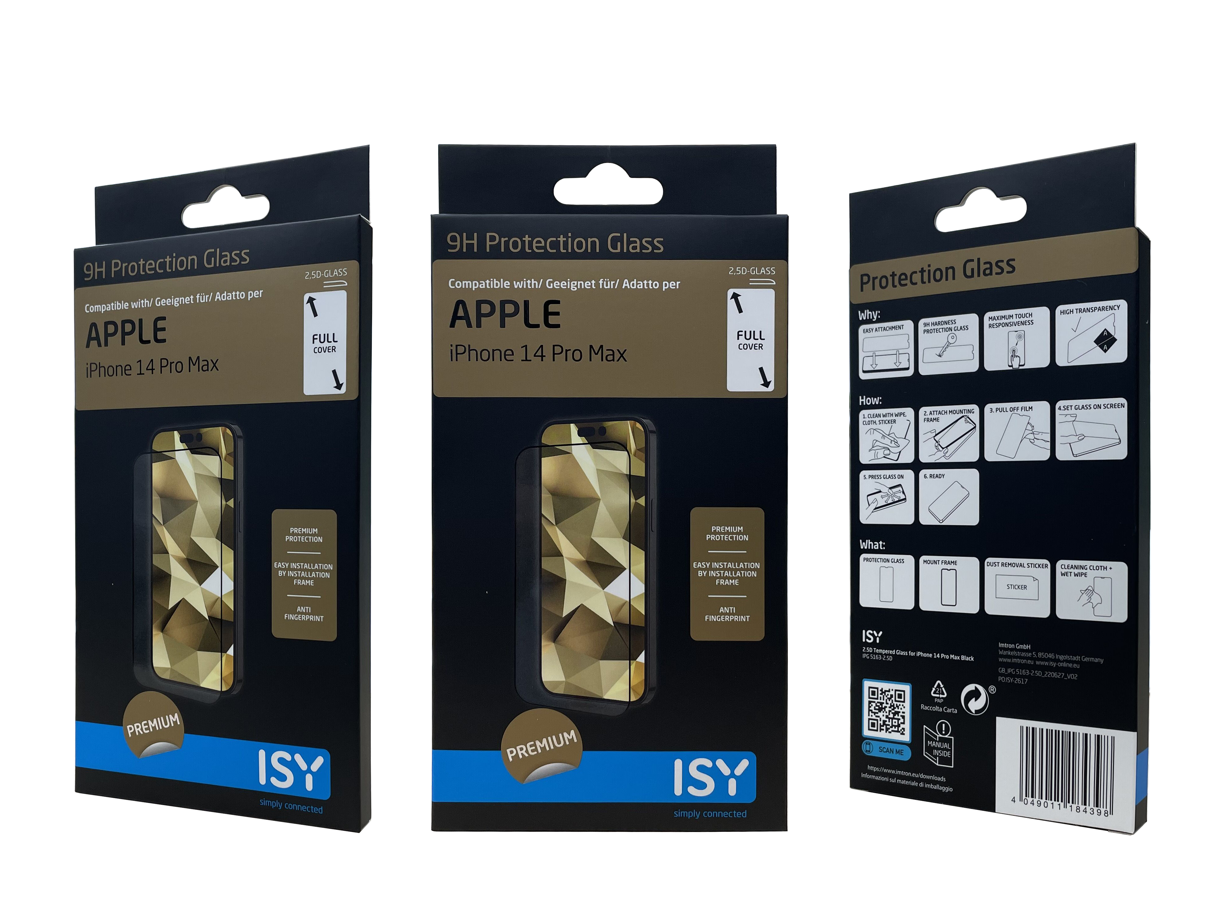 Drei ISY-Boxen für iPhone 14 Pro Max. Jede Box zeigt einen Displayschutz.