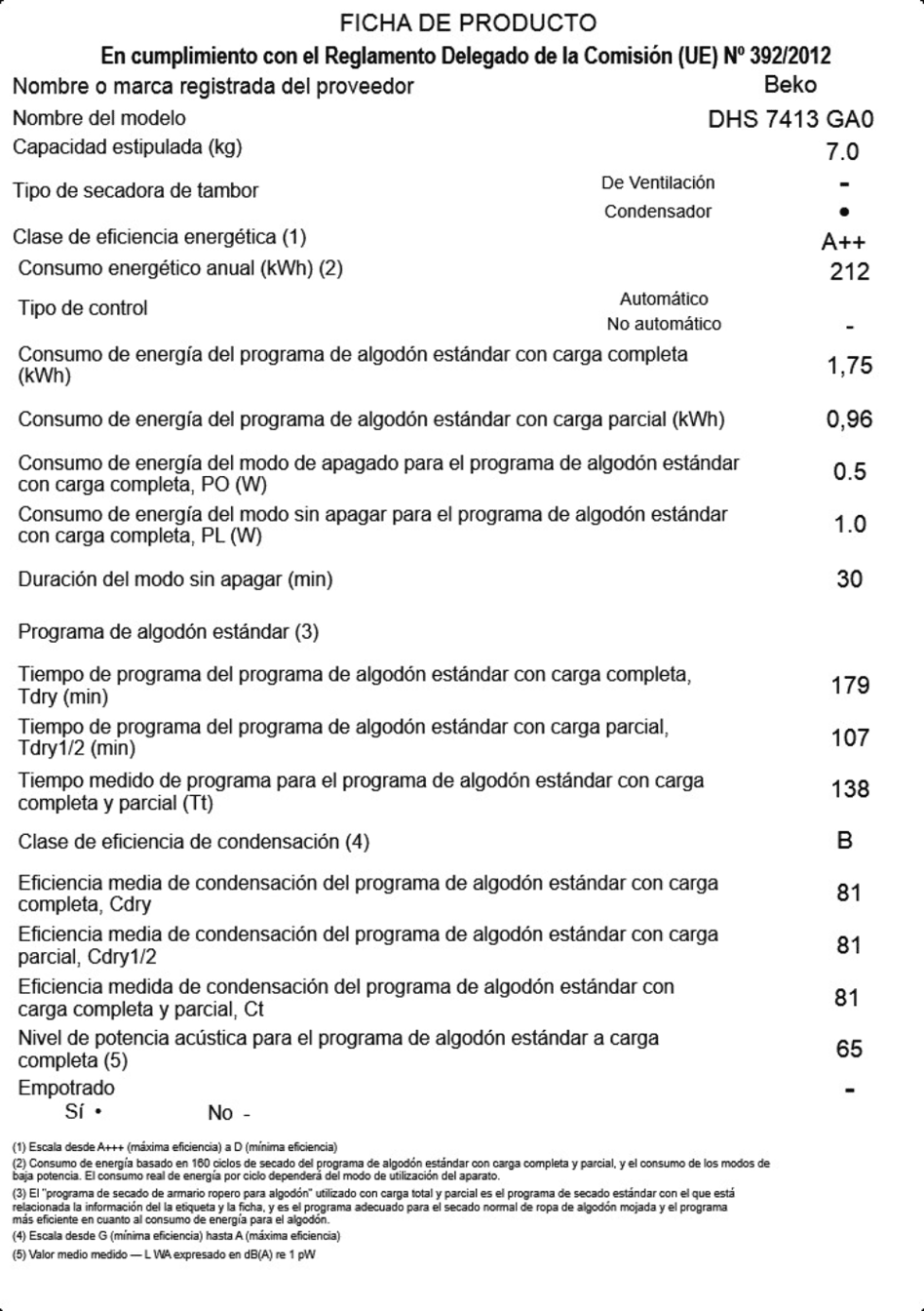 DHS 7413 GA0, Secadora Bomba de calor 7Kg