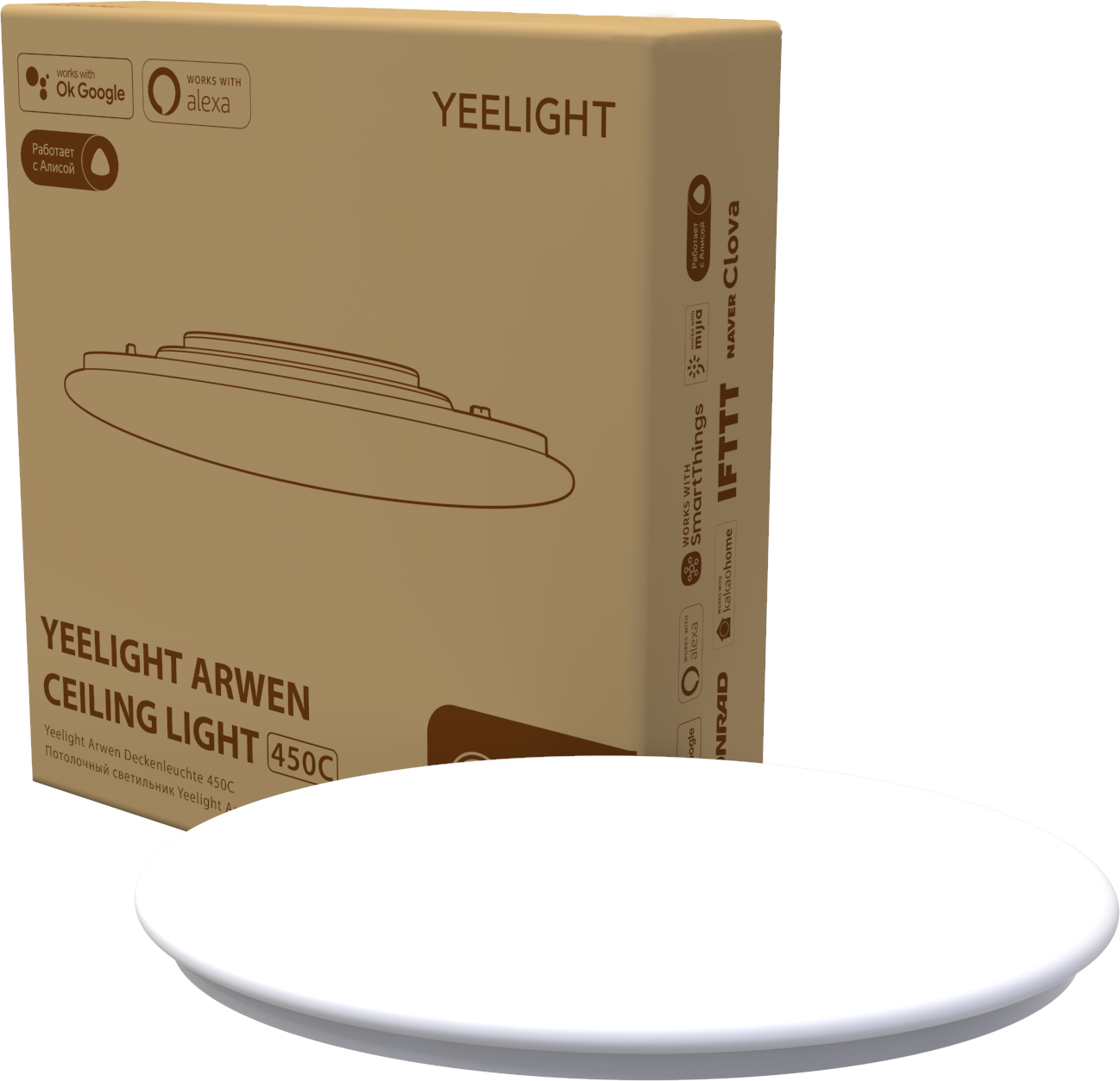 Yeelight Arwen mennyezeti lámpa doboza, Alexa, Ok Google és Alice kompatibilitással. Előtte egy fehér mennyezeti lámpa látható.