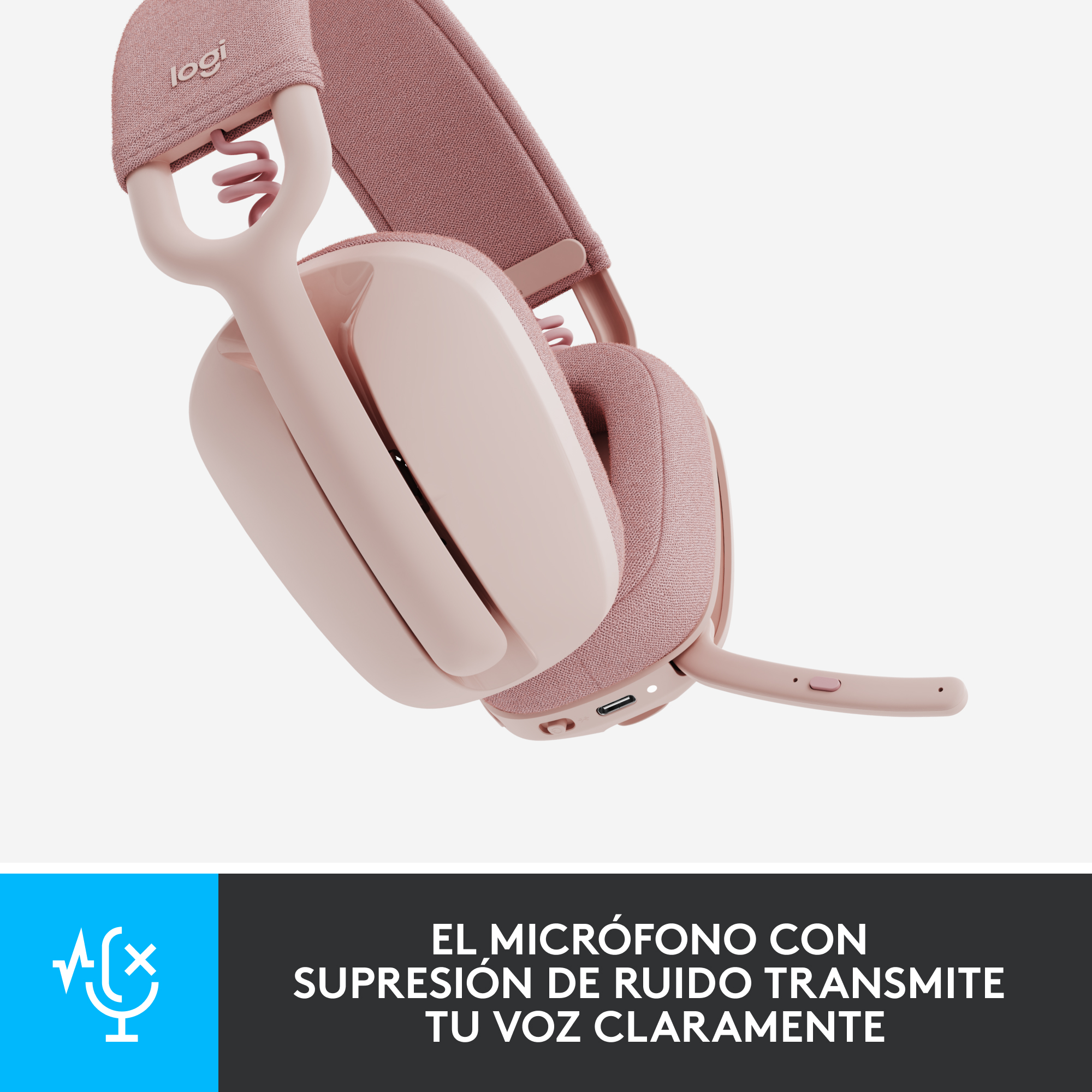 Auriculares rosas y blancos con micrófono. El texto dice: El micrófono con cancelación de ruido transmite tu voz claramente.