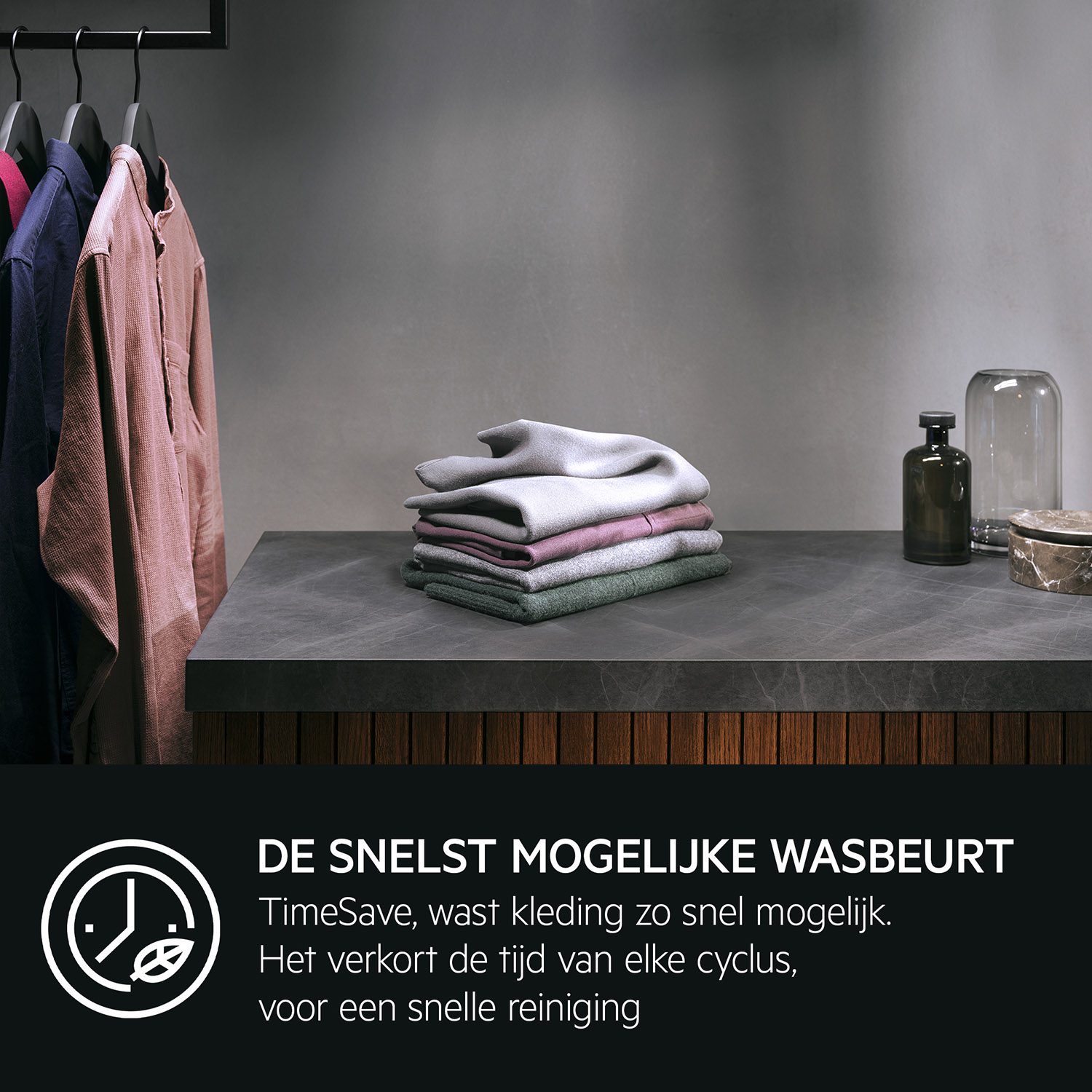 A washing machine with stacked laundry on a counter. Text promotes fast washing cycles.
