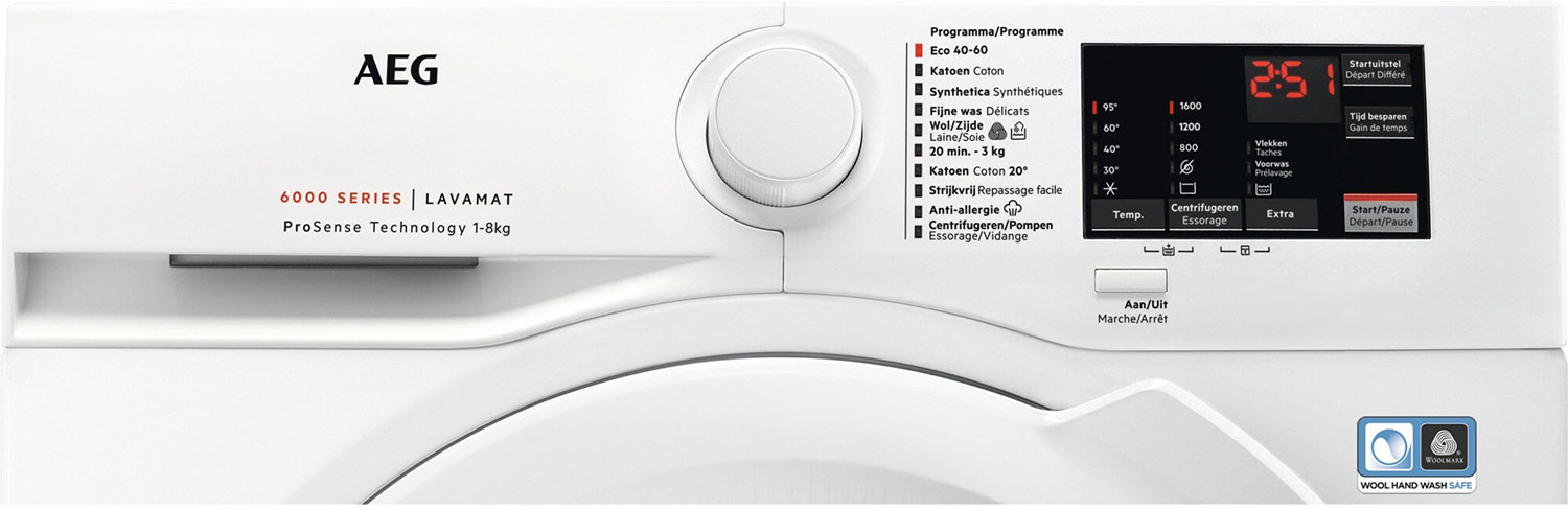 AEG washing machine control panel. Shows programs, temperature, and time remaining.