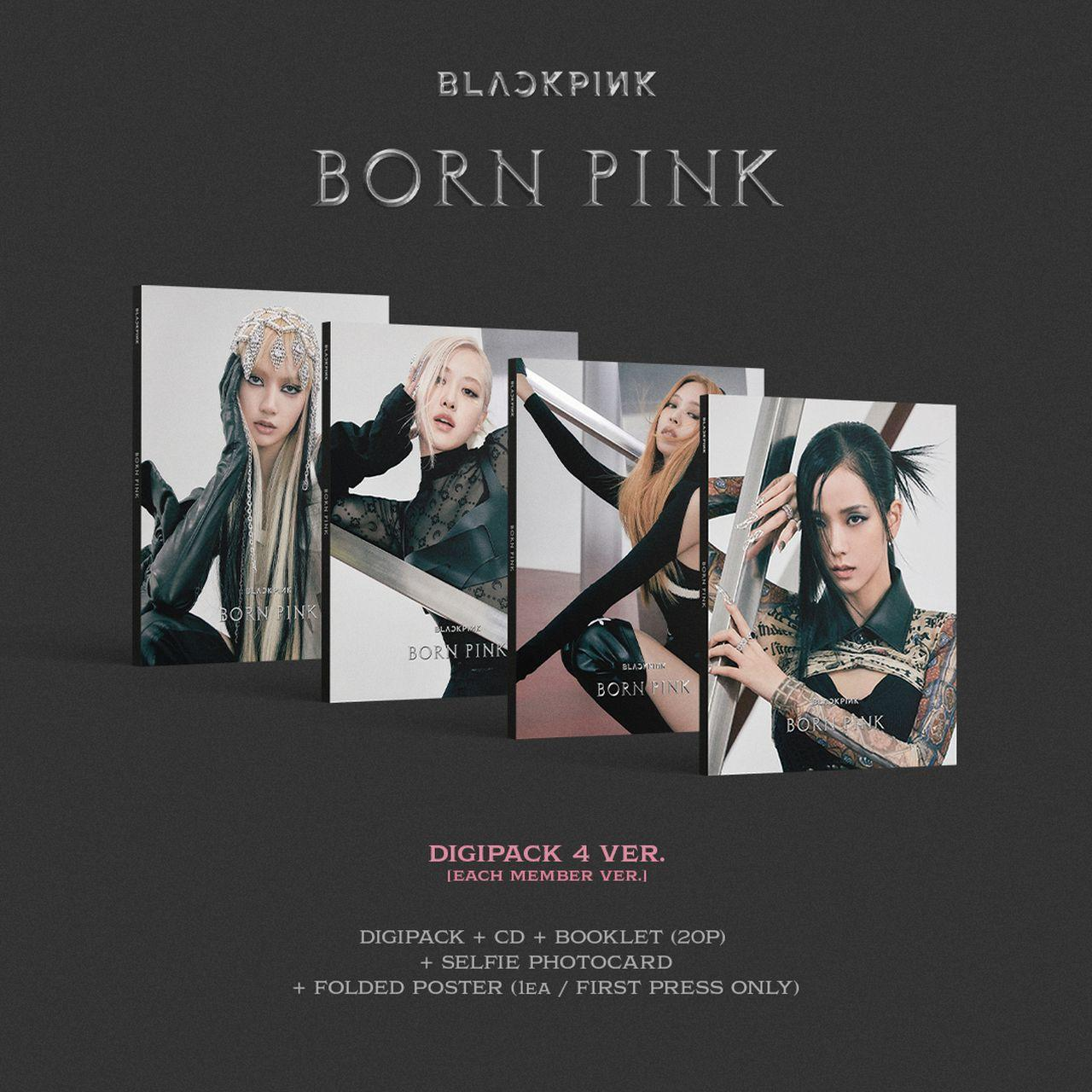 Images de la pochette de l'album Born Pink de Blackpink. 4 pochettes : portrait en noir et blanc, rose, noir et une photo de groupe.