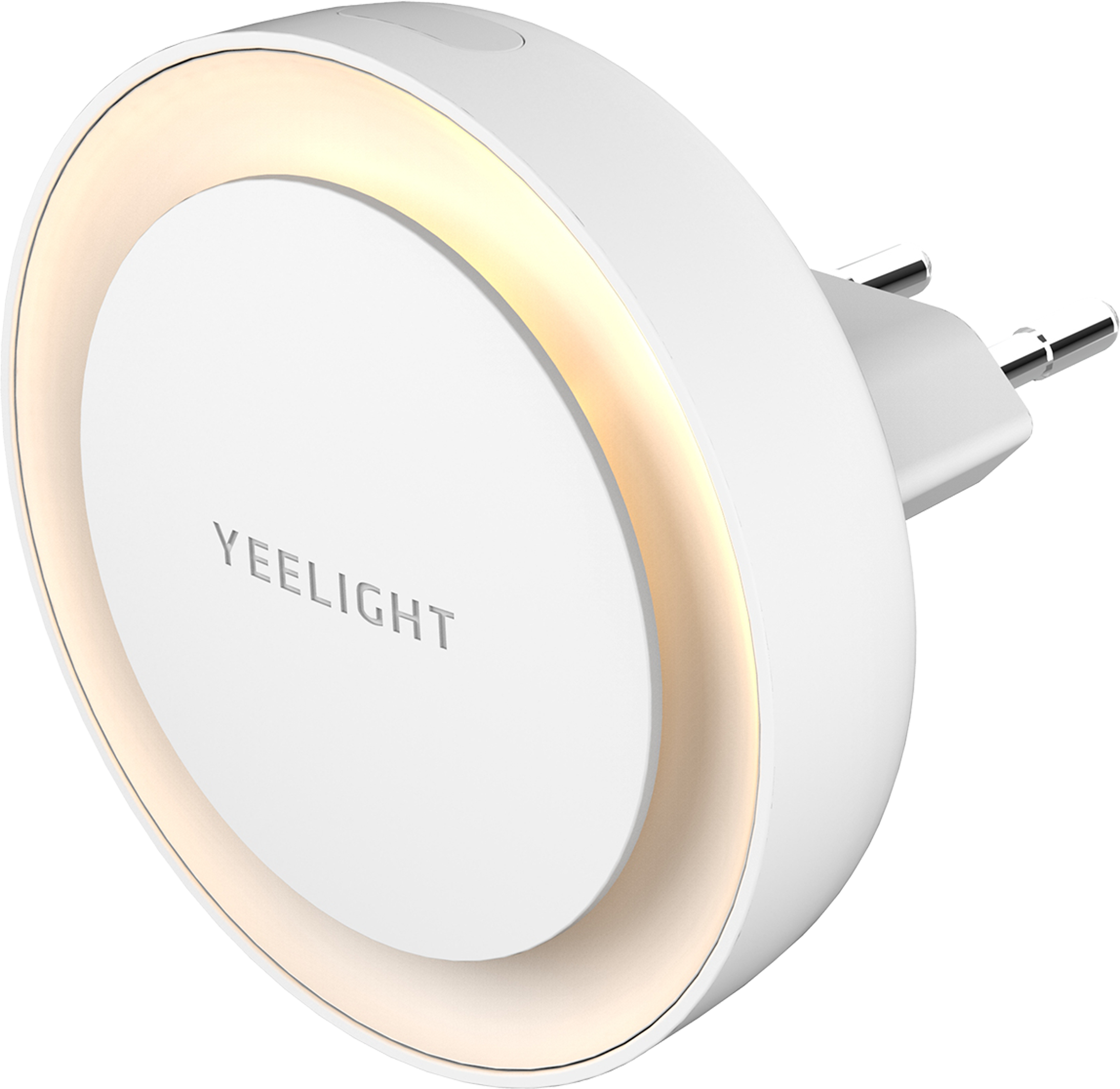 Fehér Yeelight okosdugó sárgán megvilágított gyűrűvel. A dugó fekete háttérbe van dugva.