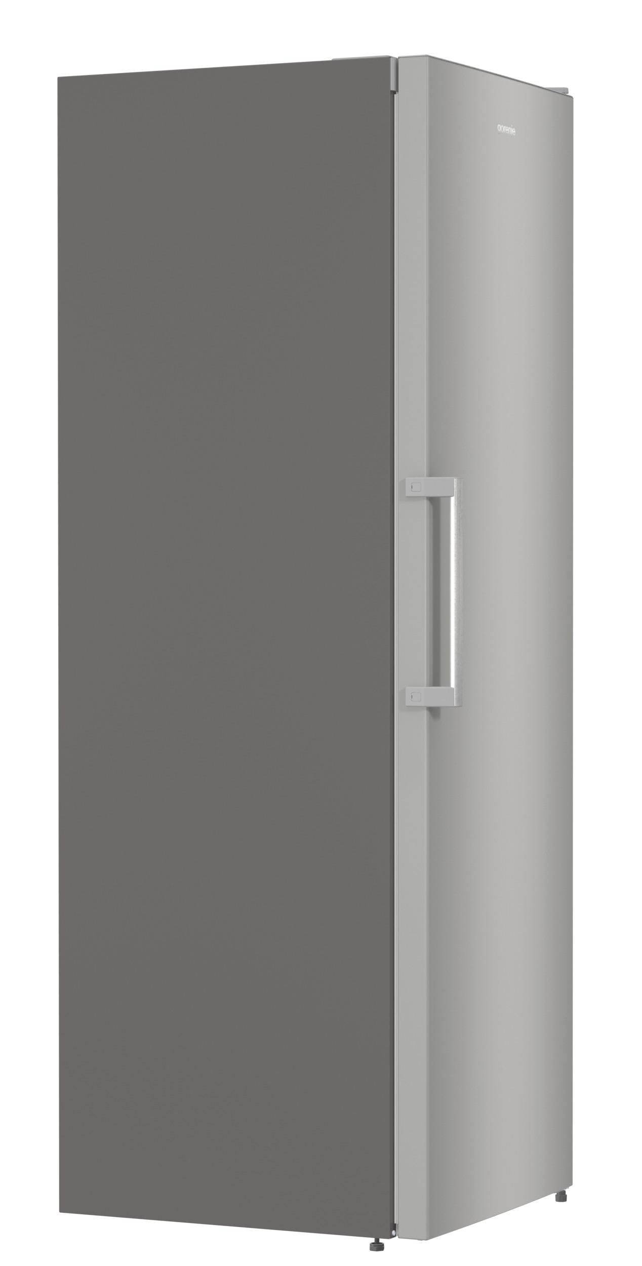 Ein grauer Kühlschrank mit einer dunkelgrauen Tür.