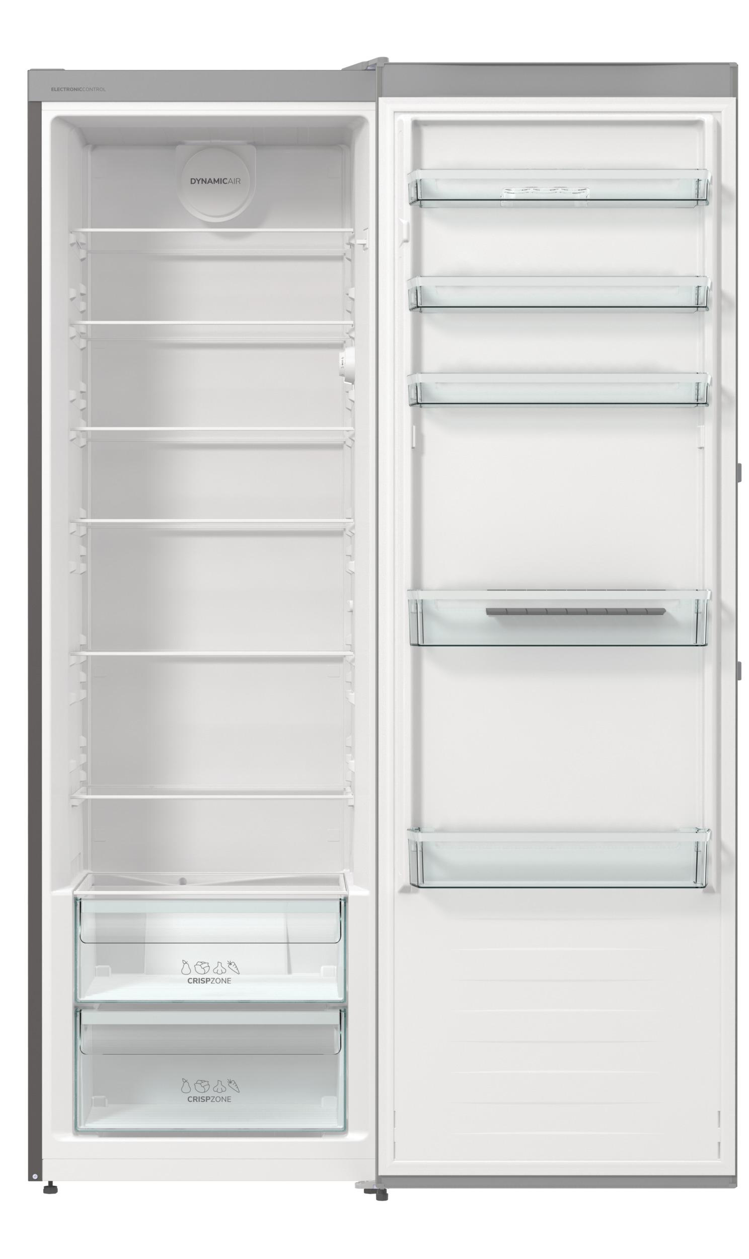 Offener, leerer Kühlschrank. Innenraum weiß mit Glasböden und Schubladen. Graues Äußeres.